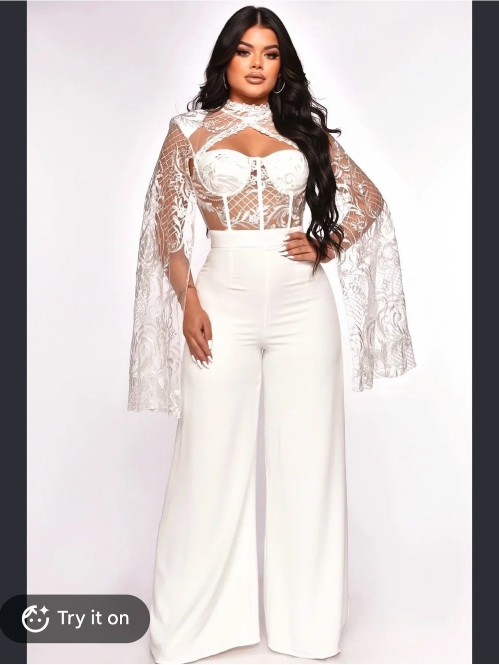 Fashion Nova White Lace Bustier Wide-Leg Jumpsuit
